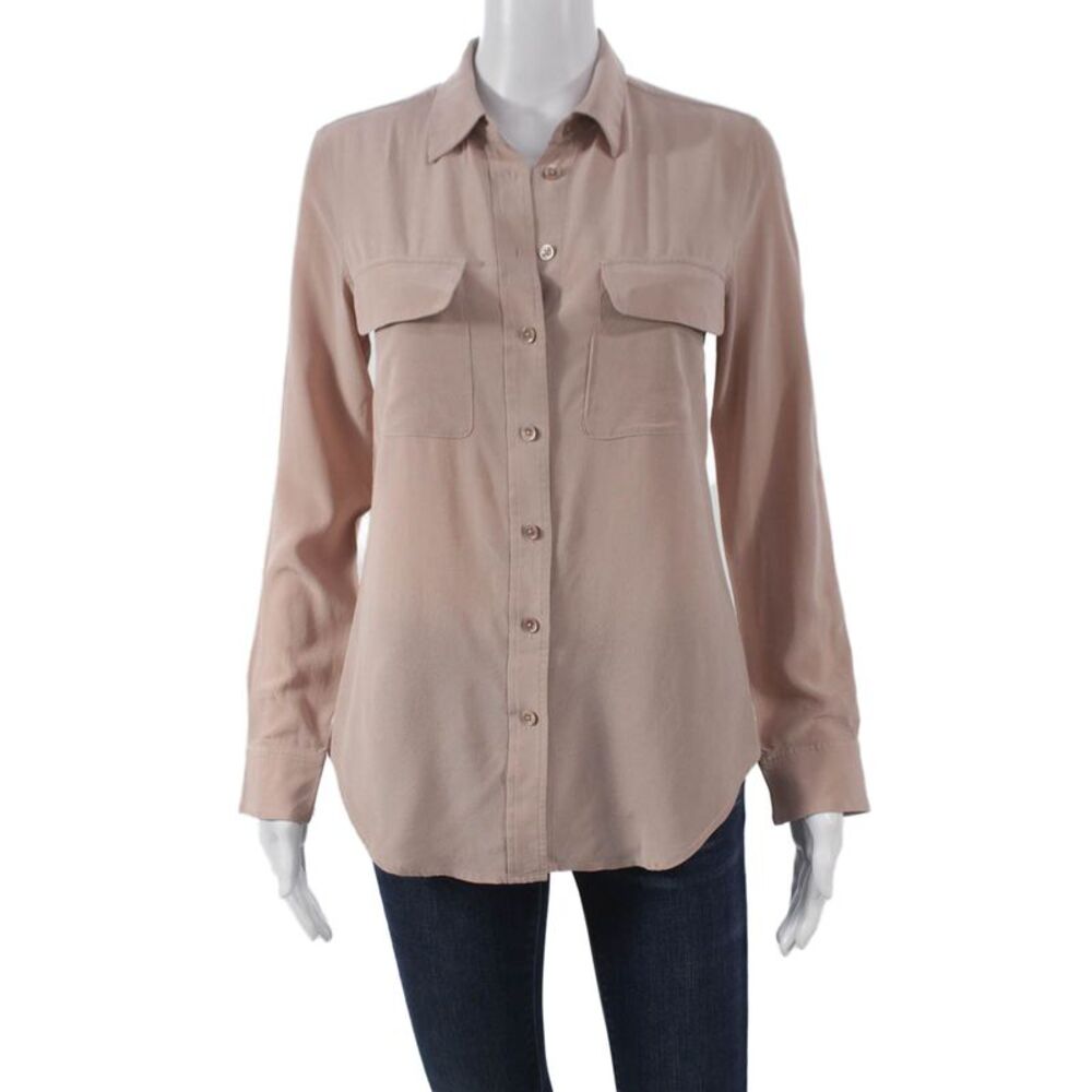 R Label Women Silk Collared Long Sleeve Brown Shirt Size XS